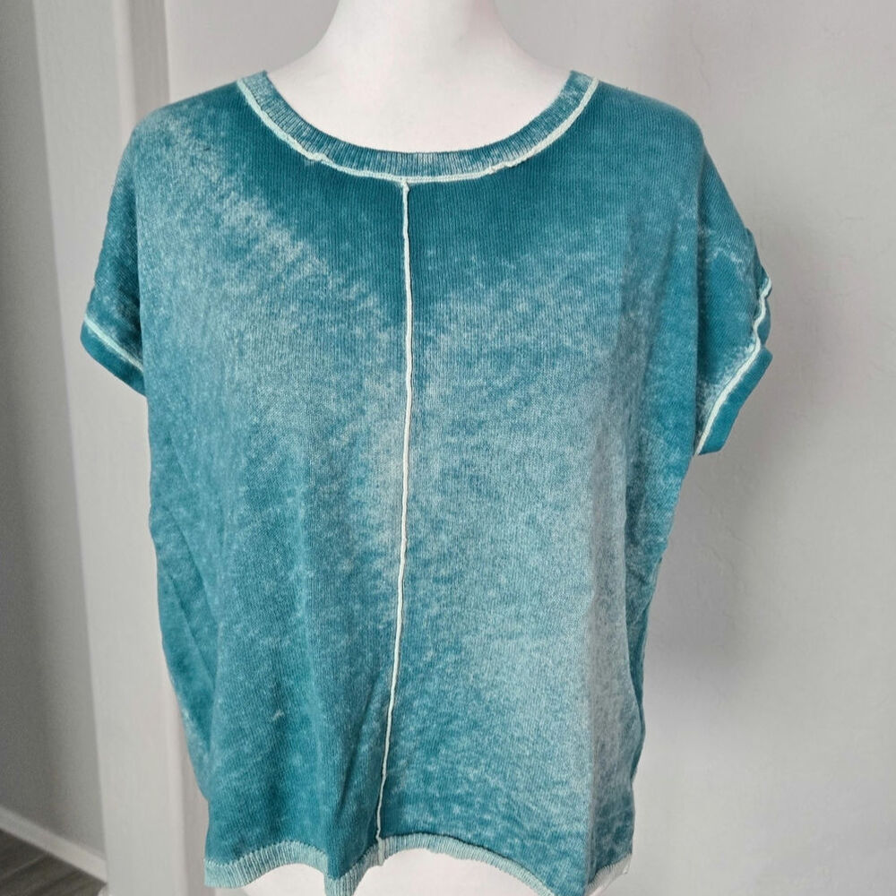 Sundance Distressed Lagenlook Boxy Sleeveless Drapey Teal Sweater Knit Top Sz PM